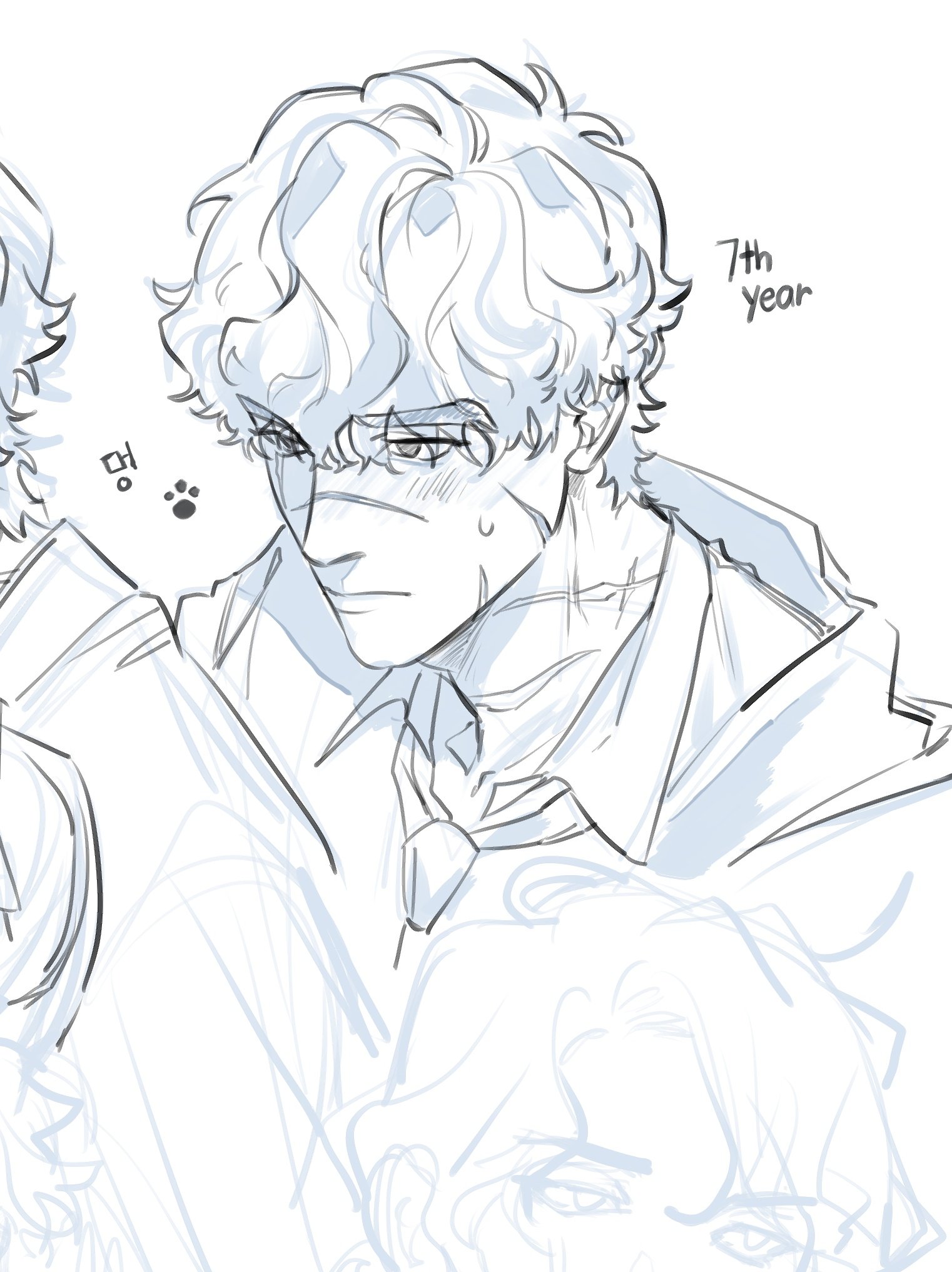 the image is a light blue, sketchy drawing of a young man with curly blond hair.  he appears sad or pensive, with a slight blush on his cheeks and what looks like a wound or bruise on his face. he's wearing a collared jacket and tie. the text "7th year" is visible in the upper right corner.  there are also faint sketches of other faces and potentially a hand in the background.  some korean characters are also visible near the left. the overall style is reminiscent of anime or manga artwork.