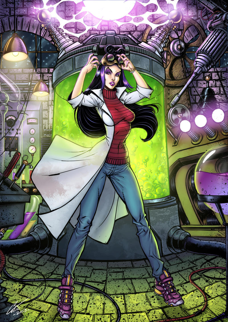 a female comic book character with long black hair and wearing a lab coat is standing in a laboratory with a large green bubbling cylinder behind her. she is wearing goggles on her head and appears to be conducting a science experiment. there are various pieces of scientific equipment surrounding her, suggesting a laboratory setting. the scene is brightly lit, possibly from the experiment itself, with a low angle perspective that makes the character appear powerful and imposing.