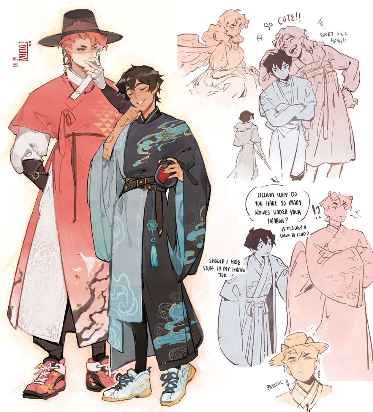 the image is a collection of drawings featuring animestyle characters wearing a blend of traditional korean hanbok and contemporary fashion. there are characters in fullbody views and closeup sketches, with various poses and expressions. dialogue bubbles suggest conversations between the characters, and some figures are adorned with modern accessories like sneakers. the overall artwork has a stylish and imaginative feel, combining historical clothing with modern sensibilities.