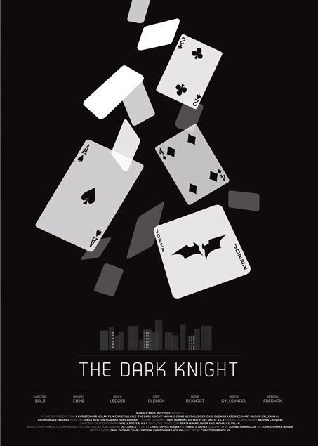 the image is a minimalist movie poster for "the dark knight" featuring falling playing cards. the cards include the ace of spades, two of clubs, four of diamonds, and a joker card with the batman logo. a silhouetted cityscape is at the bottom, followed by the title "the dark knight" and the names of the actors. the background is black.
