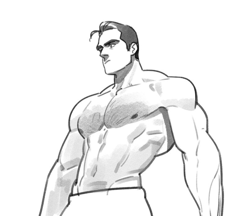 a sketch of a shirtless man, drawn in black and white, standing and looking off to the side. he is muscular with clearly defined abs, chest and arms. his hair is short and swept back.
