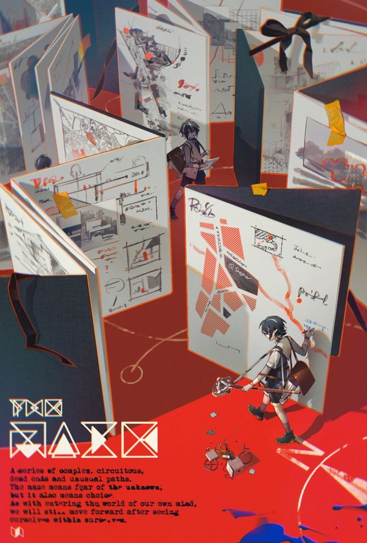 this anime illustration depicts a scene of exploration and discovery. the image features two characters, one in red and one in black.  the red character is pointing a pen at a large city map, while the black character looks on.  these characters appear to be in a world constructed of books and notes, giving the scene a sense of layered complexity and adventure. the image is rich with details, and there are multiple layers of depth to explore. the entire image is rendered in a striking digital art style, with bright colors and sharp lines.