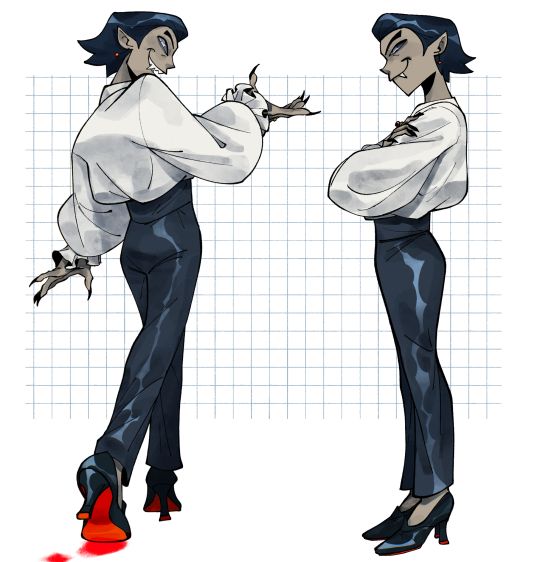 this is a digital illustration of a male vampire character with red shoes, black pants, and a white buttondown shirt. he is in two different poses: the first pose is with one arm outstretched, and the second is with his arms crossed.