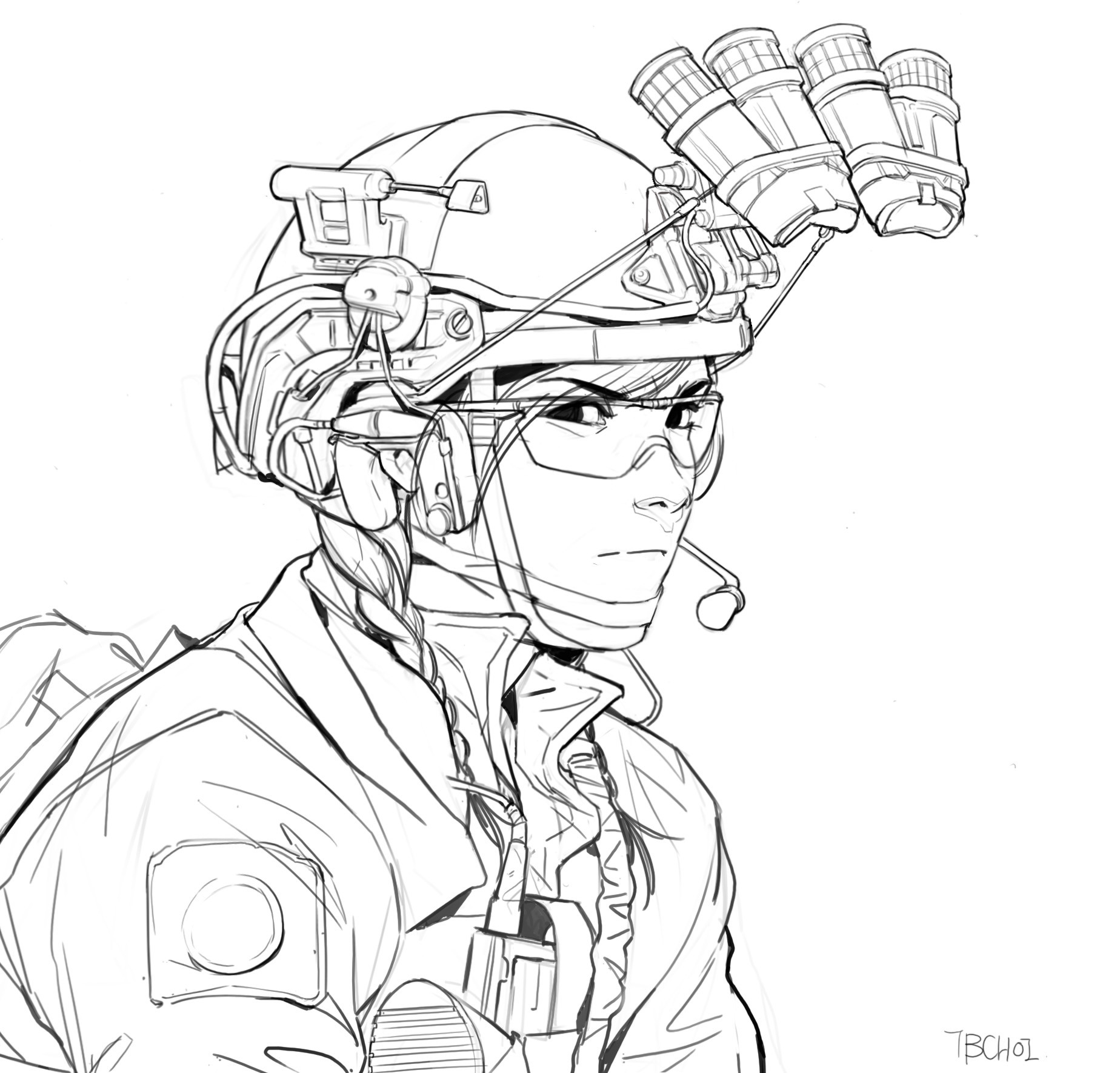 a detailed line drawing of a female soldier in tactical gear. she's wearing a helmet equipped with night vision goggles, and her attire suggests a military or special forces role. the style is realistic, with fine lines creating texture and depth in the clothing and equipment. the sketch captures a serious and determined expression on her face. the background is plain, focusing attention on the figure.