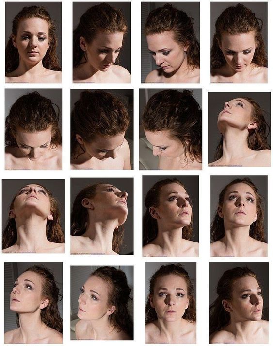 a collage of 16 different portrait photos of a woman in a studio setting. her head is tilted at various angles and she makes a range of facial expressions, showing the diversity of human expressions. the lighting is soft and even, highlighting the woman's features.