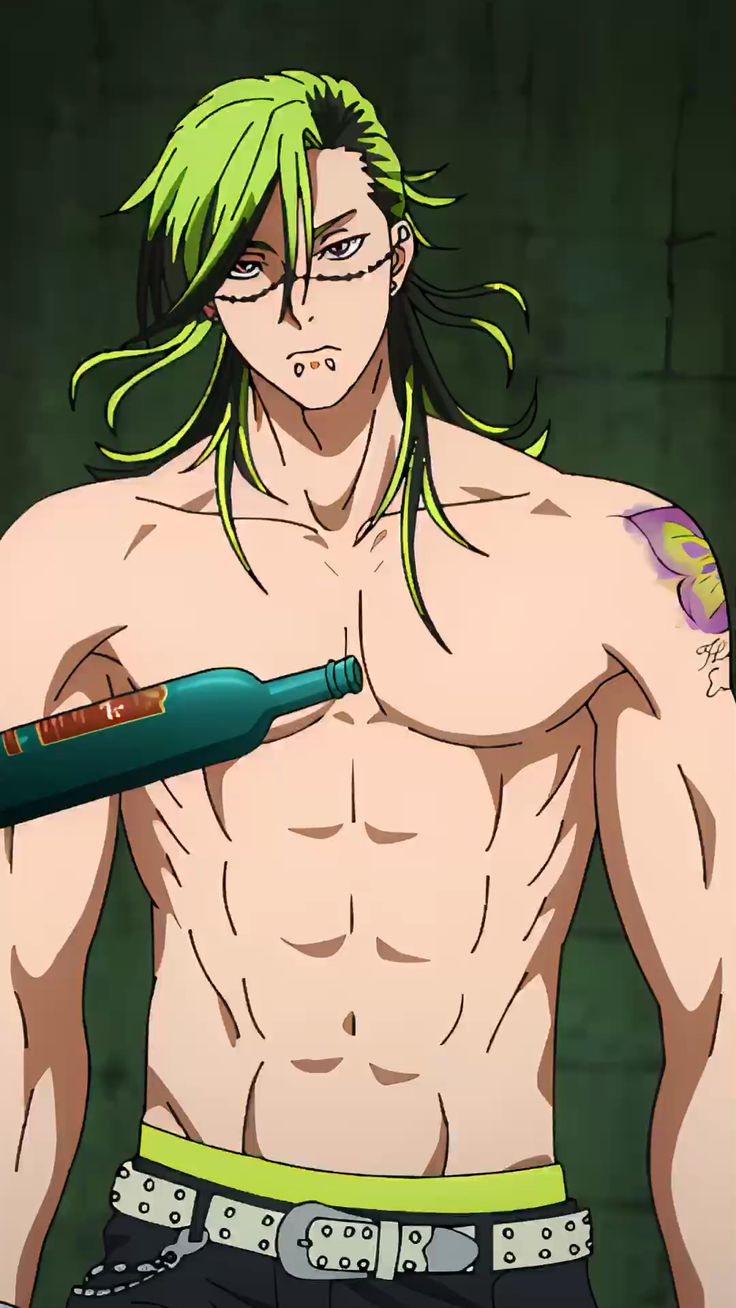 a muscular anime man with green hair, a tattoo on his left shoulder, and piercings on his face stands shirtless.  he is holding a bottle to his chest.  the background is dark green.