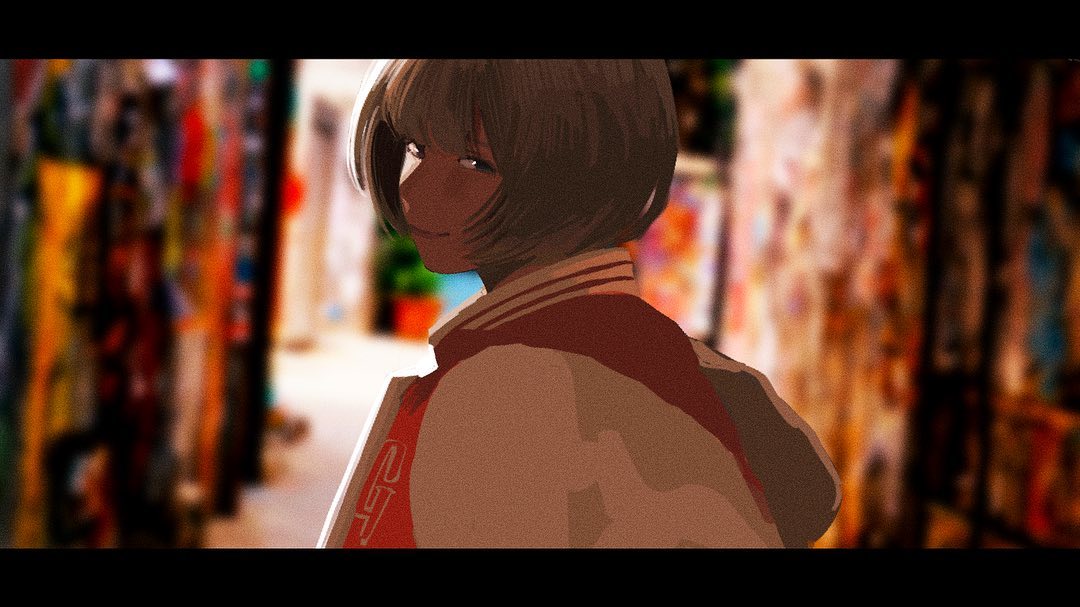 this is a digital art illustration of a girl in a red jacket. she has short, brown hair and she's looking away from the camera. the background is blurred and looks like a bookstore.