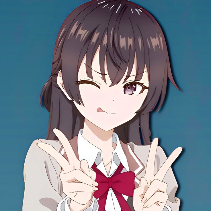 an anime girl with brown hair, wearing a white collared shirt with a red bow, and a gray jacket is smiling while holding up two peace signs with her hands. she appears to be very happy.