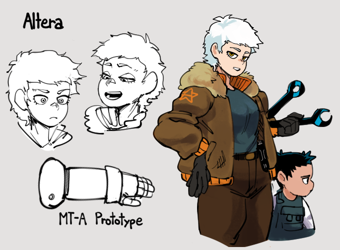 this is a sketch of a character named altera. she is a woman with white hair who is wearing a brown jacket and holding a wrench. she has a robotic arm. there is a boy standing next to her.
