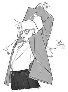 a black and white sketch of a woman wearing glasses and a blazer, stretching her arms above her head.