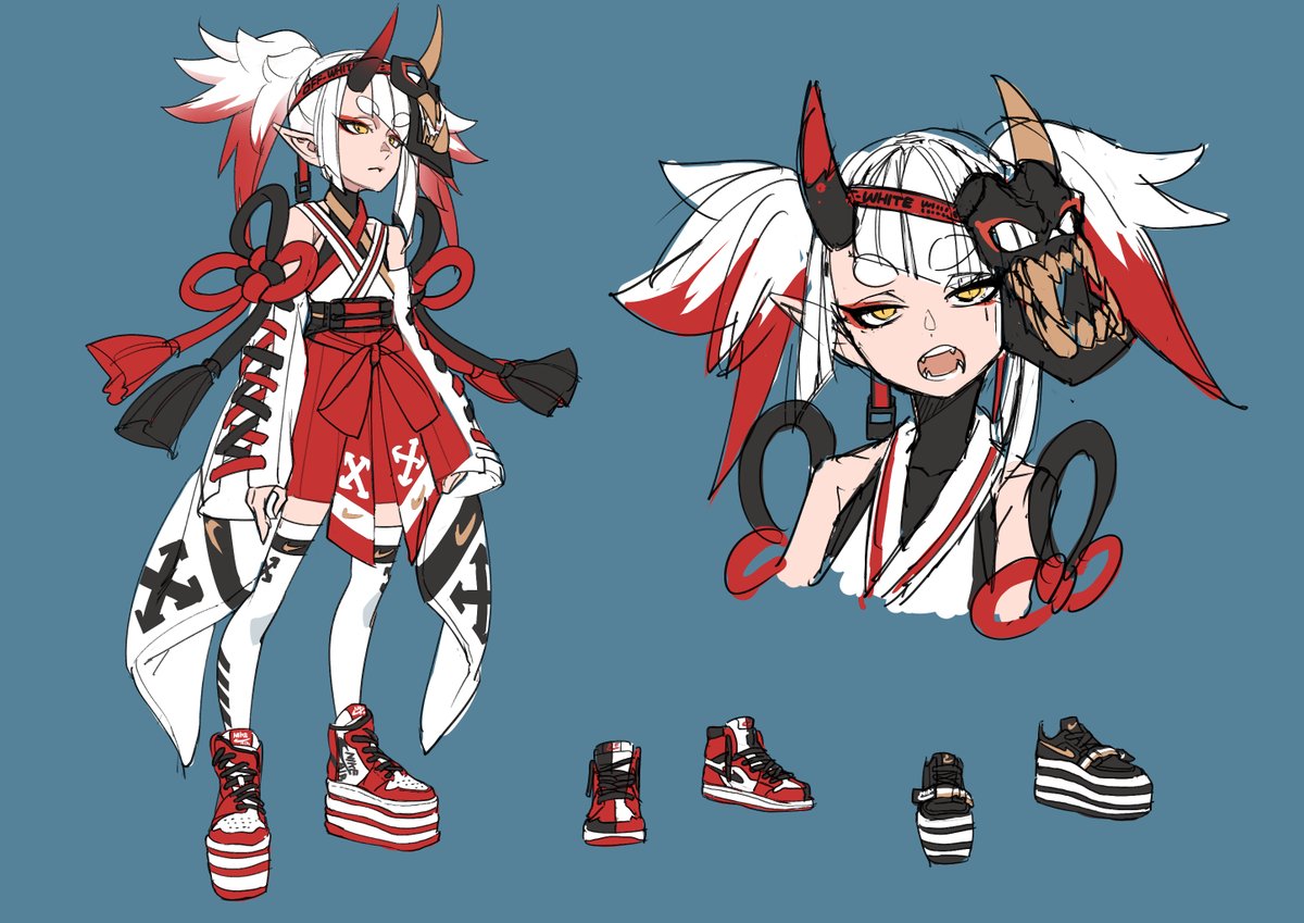 a full body drawing of an anime girl in a red and white outfit. she has a red and white mask on her face. she is wearing a white kimono with red accents. she has a large red and white mask on her head with red horns. she is wearing red and white sneakers with a thick white platform. she is standing with her arms at her side.