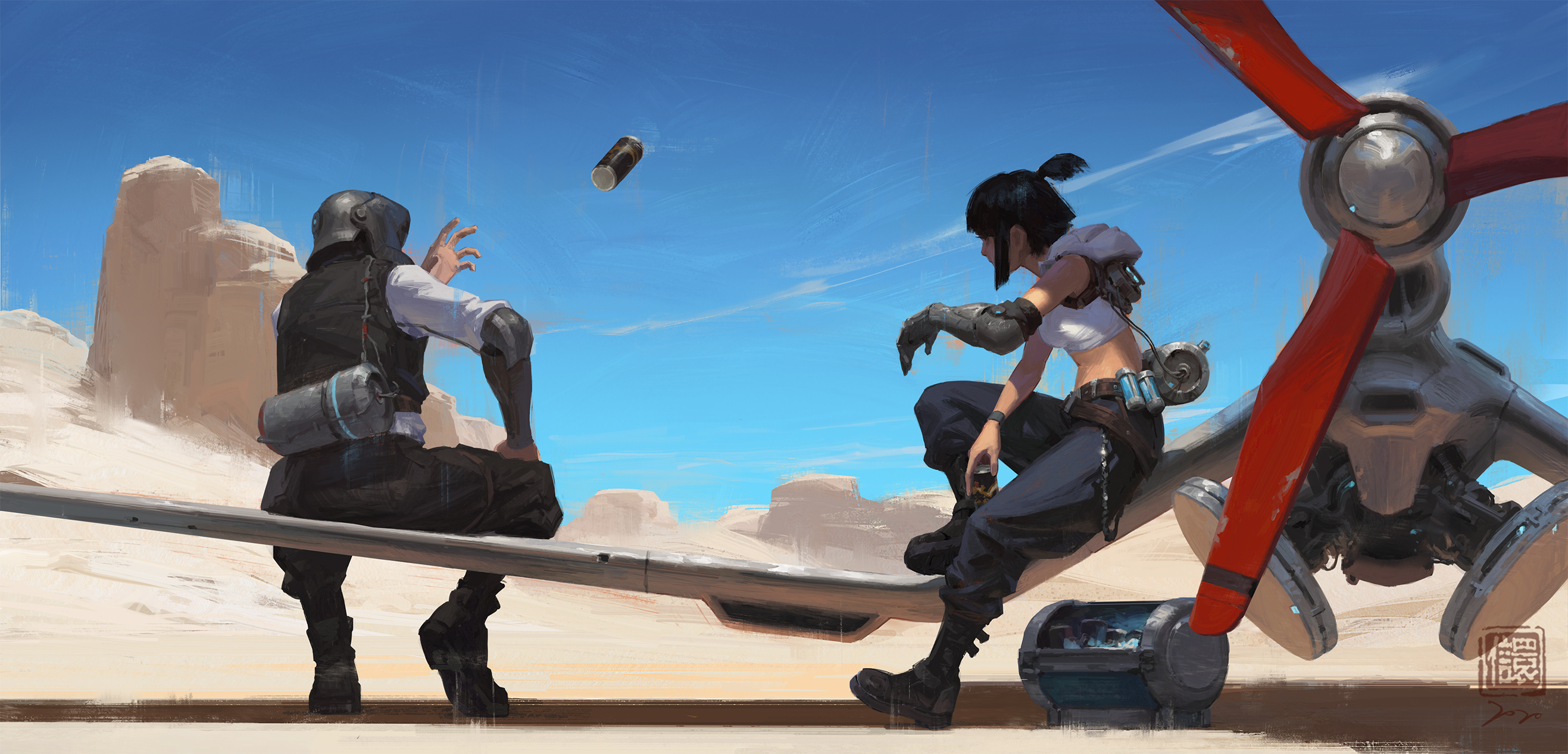 the image is a digital painting depicting a scifi scene in a desert environment. two characters, a woman and a man, are sitting on a long, metallic object resembling a wing or part of an aircraft. the woman is dressed in futuristic clothing, including a sleeveless top, dark pants, and armored gloves. the man is wearing a helmet and a dark, utilitarian outfit. a large propeller of a damaged airplane is situated behind them. the scene suggests a moment of rest or contemplation in a harsh, desolate setting. the color palette is dominated by blues, grays, and browns, with a bright sky and reddish propeller contrasting against the sandy landscape. a canlike object is shown flying through the air.