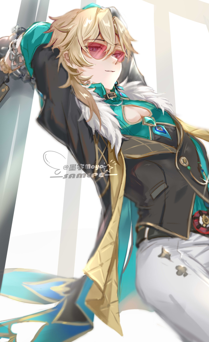 the image is a digital fanart depicting kazuha from genshin impact. he's portrayed with his signature blond hair, wearing a teal and gold outfit. he's leaning against what seems to be a sword, his expression relaxed, and he's wearing sunglasses. the art style is animeesque, with soft shading and a focus on detail in the clothing and hair. the background is a simple, blurry representation of a window, keeping the focus on kazuha.  the overall style is elegant and stylish, portraying kazuha in a cool and relaxed manner.