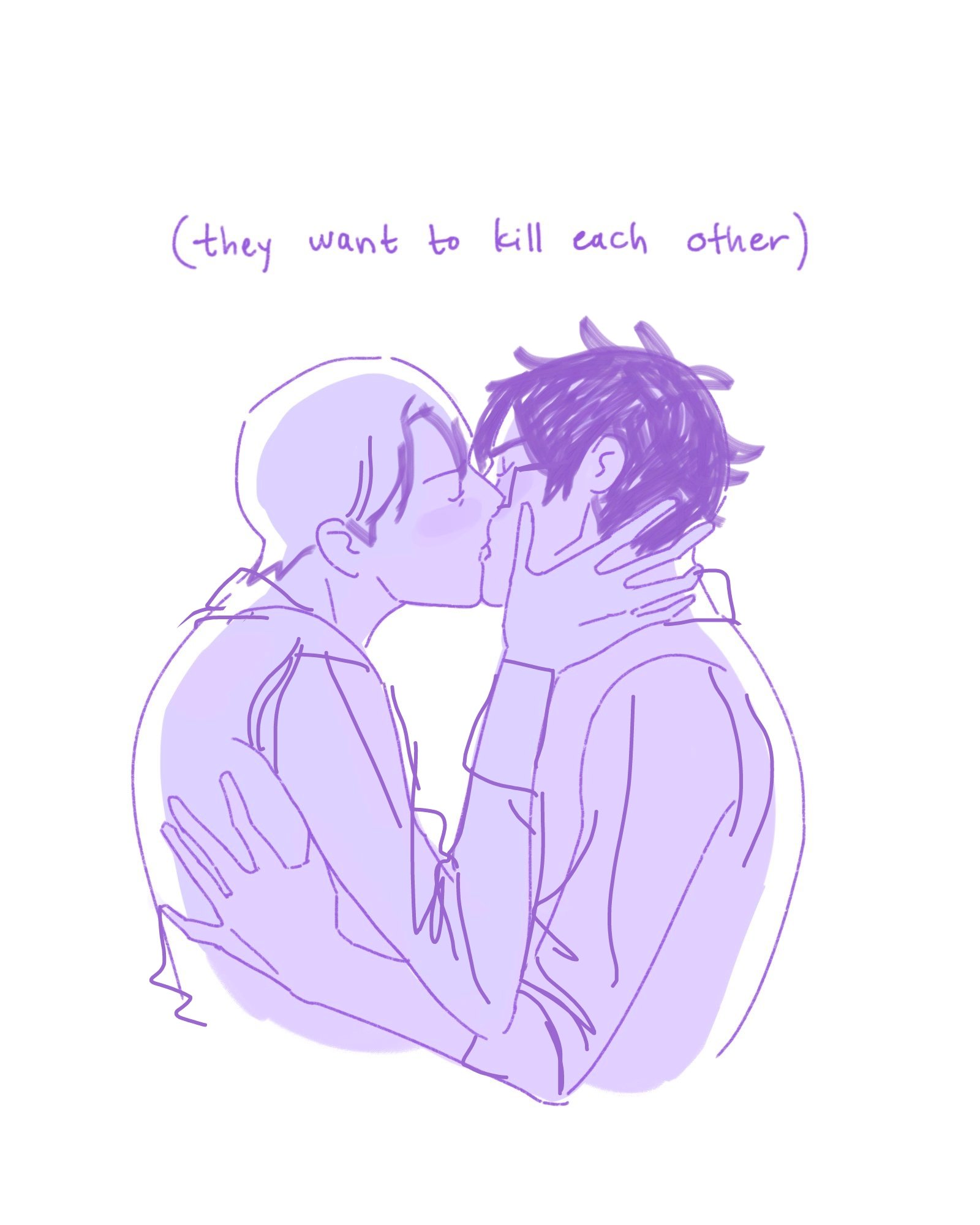 the image is a digital drawing or illustration depicting two men kissing.  the art style is minimalist and somewhat sketchy, using light purple/lavender tones. the men are drawn in a simplified, almost cartoonish manner with softly rounded features.  the embrace is intimate, yet the text overlay, "(they want to kill each other)," creates a strong juxtaposition, hinting at a complex and potentially conflicted relationship.  the overall mood is romantic and intriguing, with a dash of dark humor or irony.