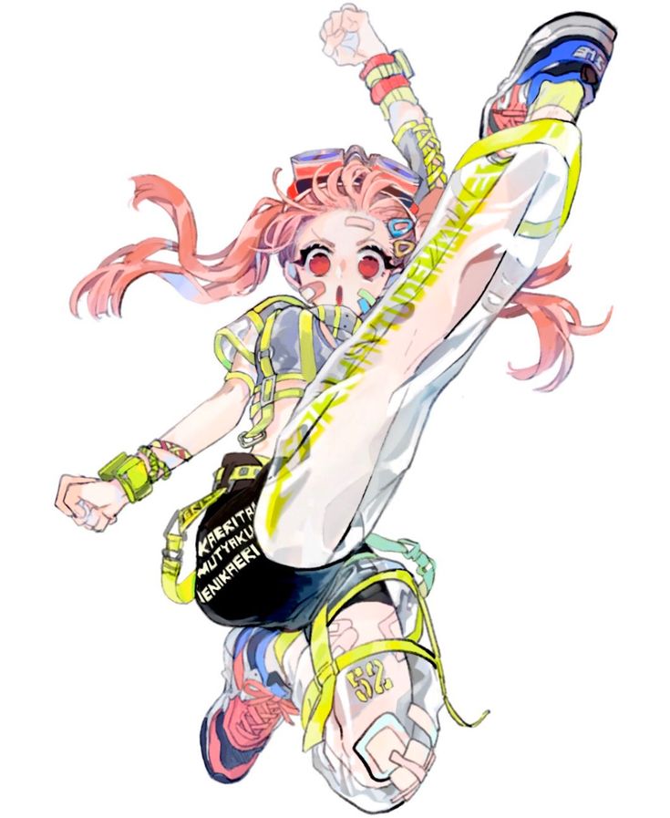 this is a digital illustration of an anime girl with pink hair. she is wearing a white, yellow, and green outfit and is midair in a dynamic pose, kicking with her right leg. she has a determined look on her face and is clearly full of energy. the background is a simple white, allowing the character to stand out. the art style is vibrant and eyecatching, and the overall image is very dynamic and full of life.