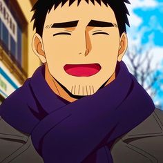 a closeup illustration of a man with short black hair and brown eyes. he is smiling warmly and wearing a purple scarf around his neck. the background suggests an outdoor urban setting on a sunny day. the style of the image suggests it could be from an anime or manga.