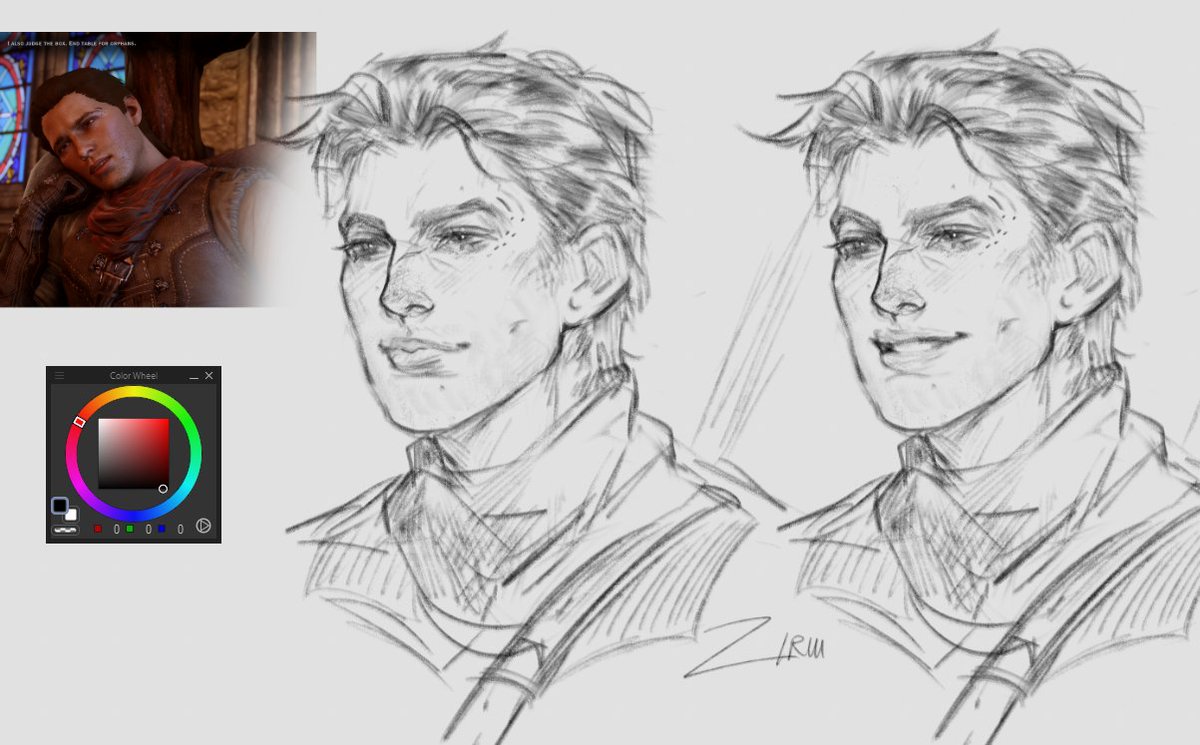 the image shows two pencil sketches of a man's face, based on an image of cullen rutherford from the dragon age video game series. a color wheel is included, which appears to be from a digital art program. the sketches are detailed, depicting the man's hair, facial features, and clothing.