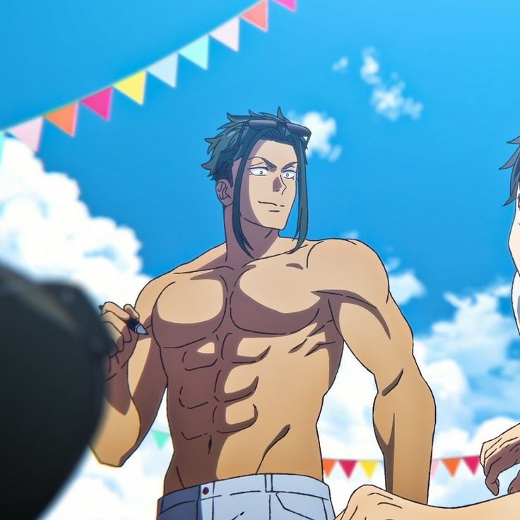 a shirtless, muscular anime man with slickedback dark hair, tan skin, and sunglasses on his head stands in front of a blue sky with some clouds and string of colorful triangular flags. he is holding a pen in his right hand. the perspective is low, making him appear larger.