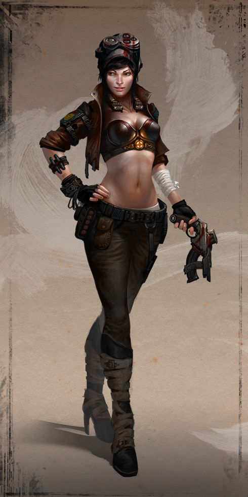 a digital illustration depicting a woman in a fantasy or scifi setting.  she is standing and looking directly at the viewer.  she is wearing a leather jacket, bra, pants, and boots.  she is also wearing a hat with goggles and holding a gun in her hand.  the background is a simple white and brown studio setting.  the image is stylized with a painterly or cartoonish style.