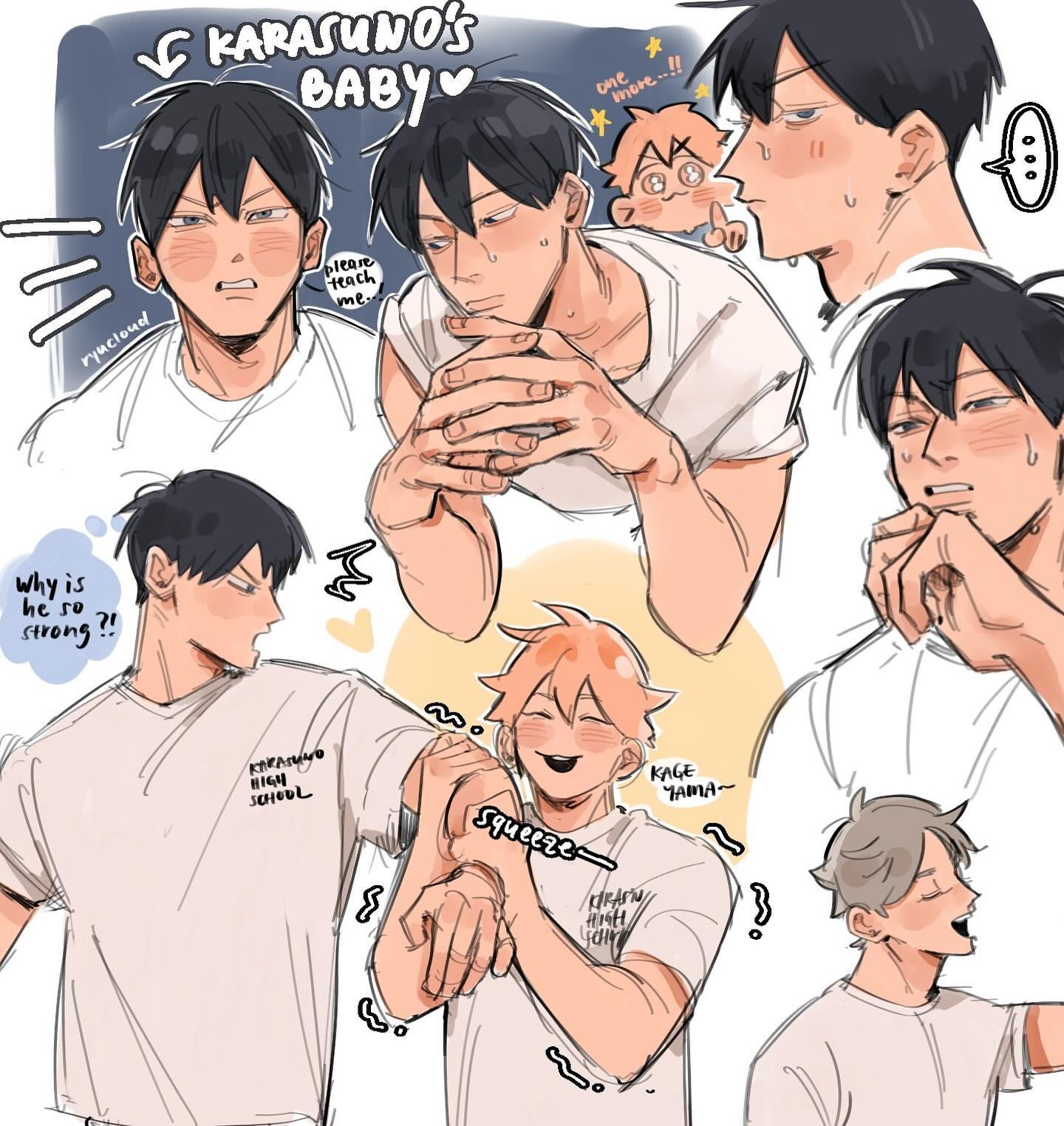 he image is a collection of adorable fan art illustrations featuring characters from the popular anime and manga series, haikyuu!!.  the artwork centers around the karasuno high school volleyball team, specifically highlighting the dynamic between hinata and kageyama.  the style is lighthearted and cute, with chibilike depictions of the characters.  several panels show different expressions and interactions, such as kageyama's seemingly strong muscles being playfully squeezed by hinata, and other characters reacting with amusement or awe.  the overall tone is playful and emphasizes the bond between the team members.  the art style is digitally rendered and uses a soft color palette with a focus on soft lines and shading.
