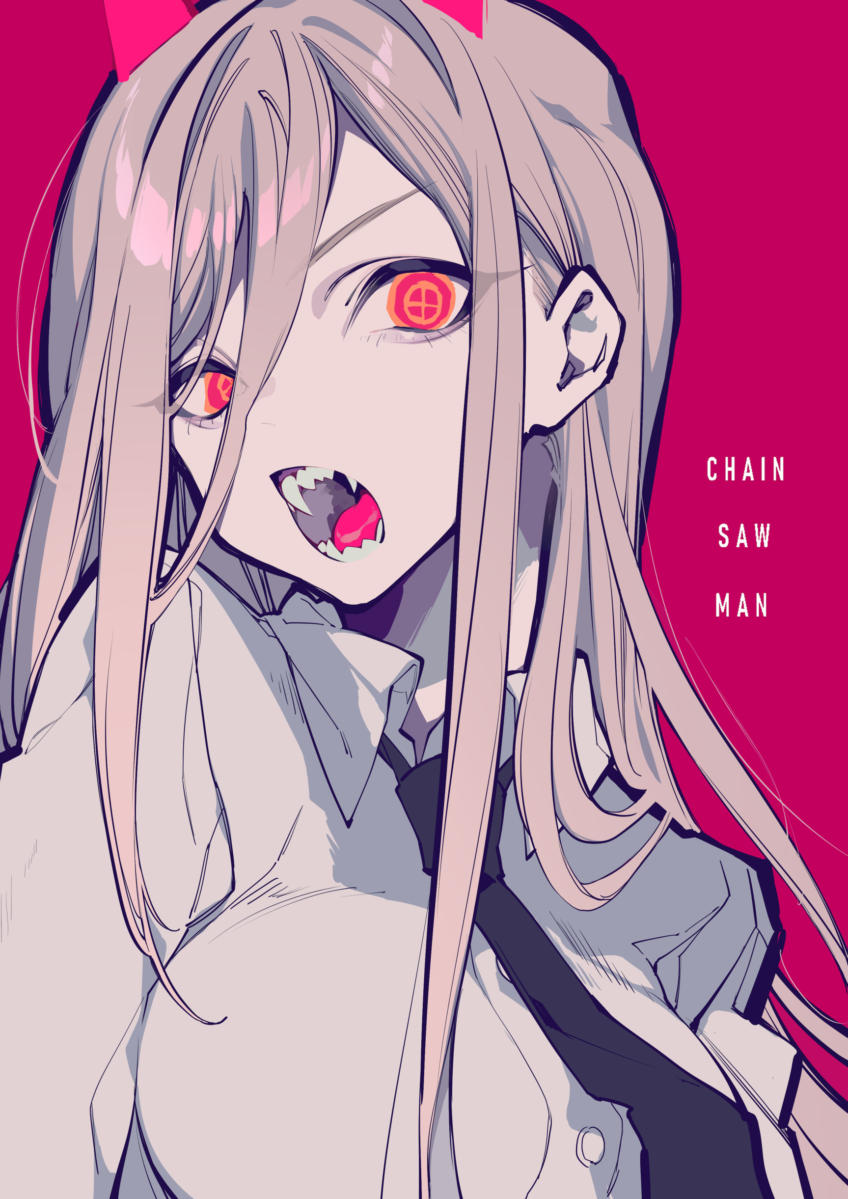 an illustration of power from chainsaw man. she has pale skin, pinkishblonde hair, red eyes with a crosshair pattern, and two small pink horns on her head. she wears a white shirt with a dark tie and has fangs showing in a smirk. the background is solid pink, and the words "chain saw man" are written vertically.