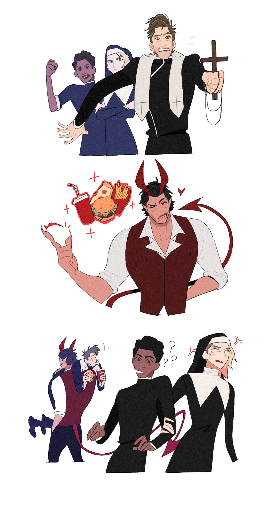 this is a cartoon illustration of five characters. there is a man wearing a priest outfit, and a woman in a nun outfit. the priest has a cross in his hand and is standing in front of the nun who is holding a burger and a soda. the priest's face is filled with rage and anger. below the first two characters, there's another man with a devil tail, he is holding a hamburger in his hand and his face is full of evil and temptation. below the second pair of characters, there's a nun holding a devil tail and a priest. the priest is looking confused at the nun who is looking at the devil tail and her face is filled with fear.
