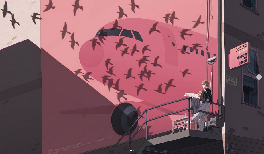 a man in overalls is painting a mural on the side of a building, the mural features a large pink airplane with a flock of birds casting shadows on its surface. the image has a vibrant color scheme and an artistic feel. the date "2024" and the words "shadow of birds" can be seen on a sign above the artist. the scene appears to be in a city, and the background is made up of brick walls and other buildings.