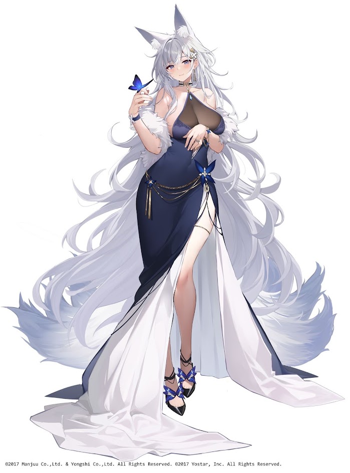 a beautiful anime girl with white fox ears and tail is standing in a white background wearing a blue dress with a white dress over it. she is wearing blue heels with bows and a white furry coat. her hands are holding a blue butterfly. she is looking at the butterfly with a smile.