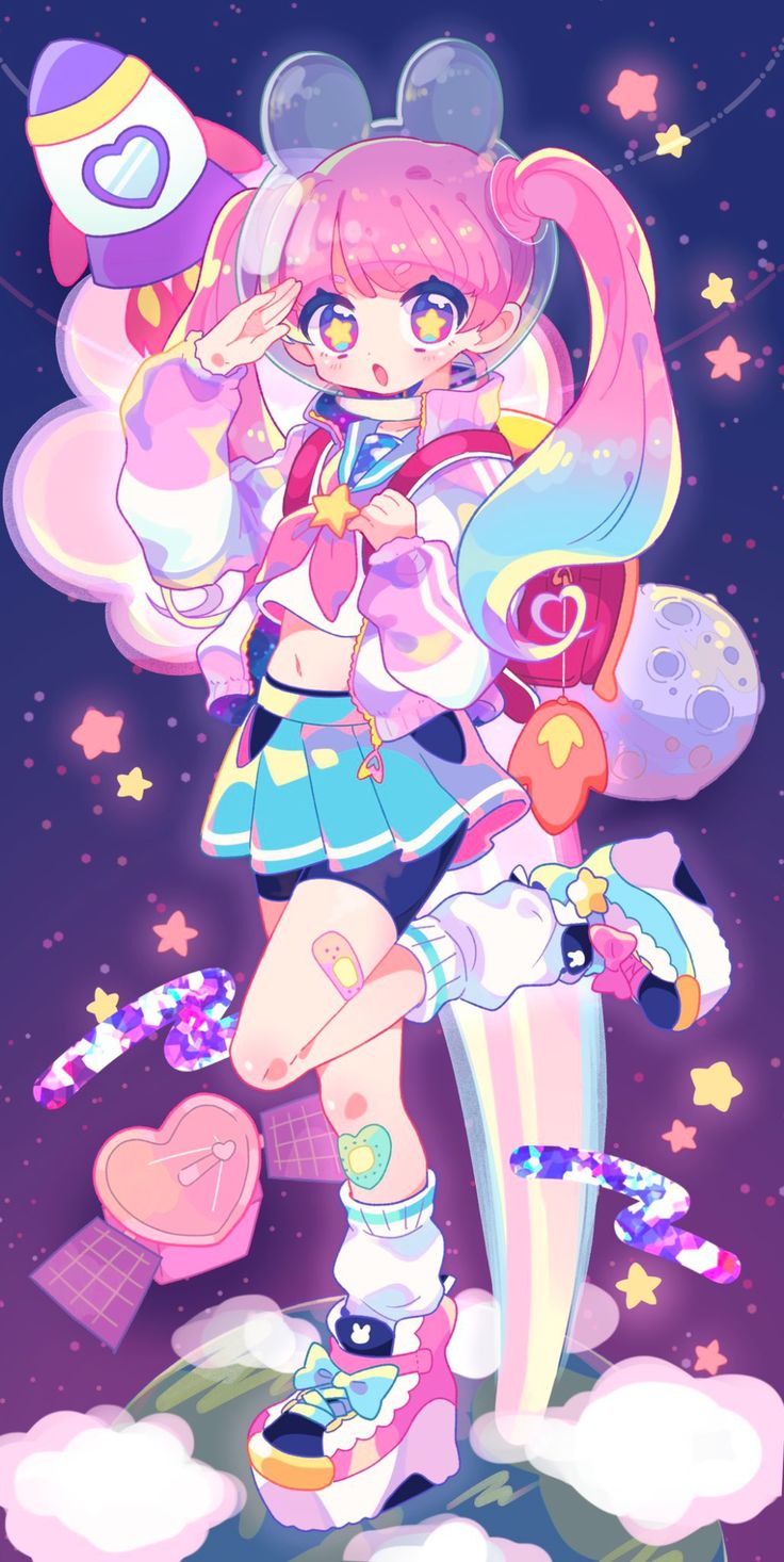 this anime illustration shows a cute girl in an astronaut outfit standing on a cloud in space. she is surrounded by stars, a rocket, a rainbow, and a moon. she has pink hair and is wearing a pink and blue outfit, and her platform shoes are decorated with bows. the girl has a cute expression on her face and looks cheerful. the image has a kawaii style and is full of vibrant colors.