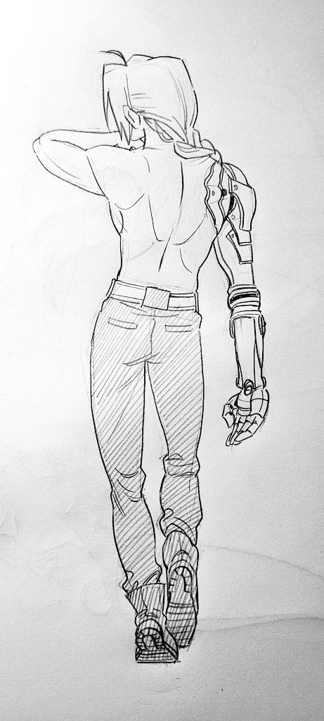 a black and white sketch of an animestyle girl walking away from the viewer.  she has short hair, is wearing pants and boots, and has a prominent robotic arm.  the style is reminiscent of manga or anime artwork. the drawing is done in a sketchy, expressive style.