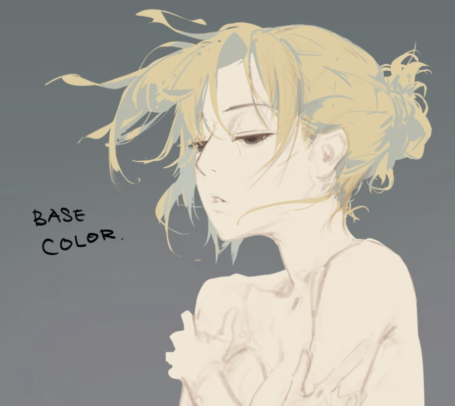 a digital illustration of an anime girl with long blonde hair, wearing no clothes, looking down with a sad expression. she is standing with her arms crossed, and the background is a simple gray color. the image is labeled "base color" suggesting it is a work in progress.