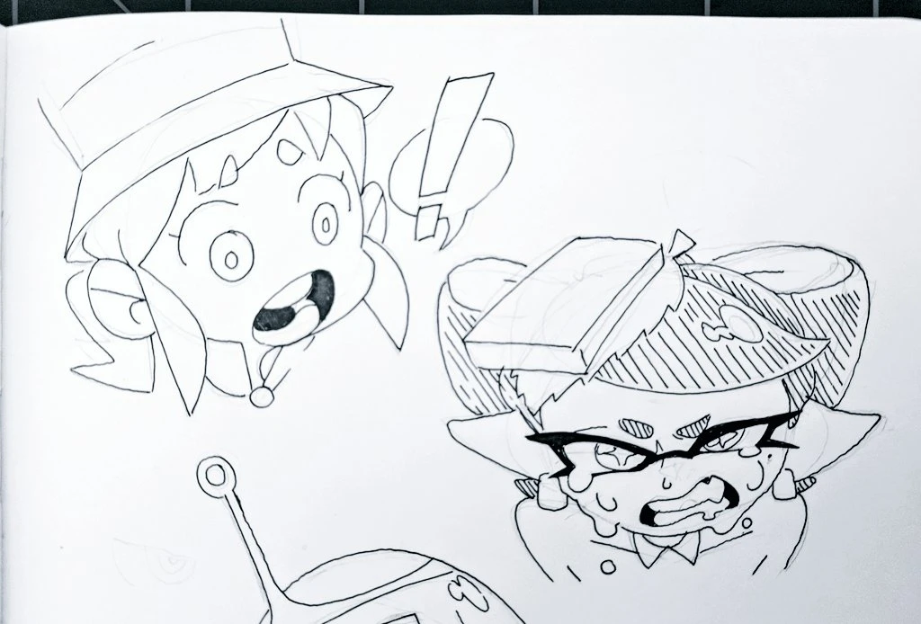 a black and white drawing of two cartoon characters, one female with a hat looking surprised and the other a female wearing a headband with a serious expression. the characters are sketched on a white page with black ink.