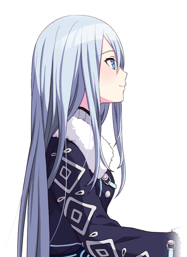 a side profile of an animestyle girl with long, flowing silver hair and bright blue eyes. she is wearing a dark blue winter coat with a white fur collar and a geometric diamond pattern on the sleeves. the background is a solid black.
