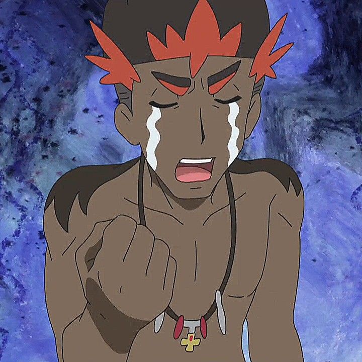 a closeup of an anime male character with brown skin crying. he has red hair with flames on the top, red and white face markings, and a necklace with a red cross on it. he has his mouth open and his eyes are closed as tears stream down his face. the background is a blue and white abstract design.