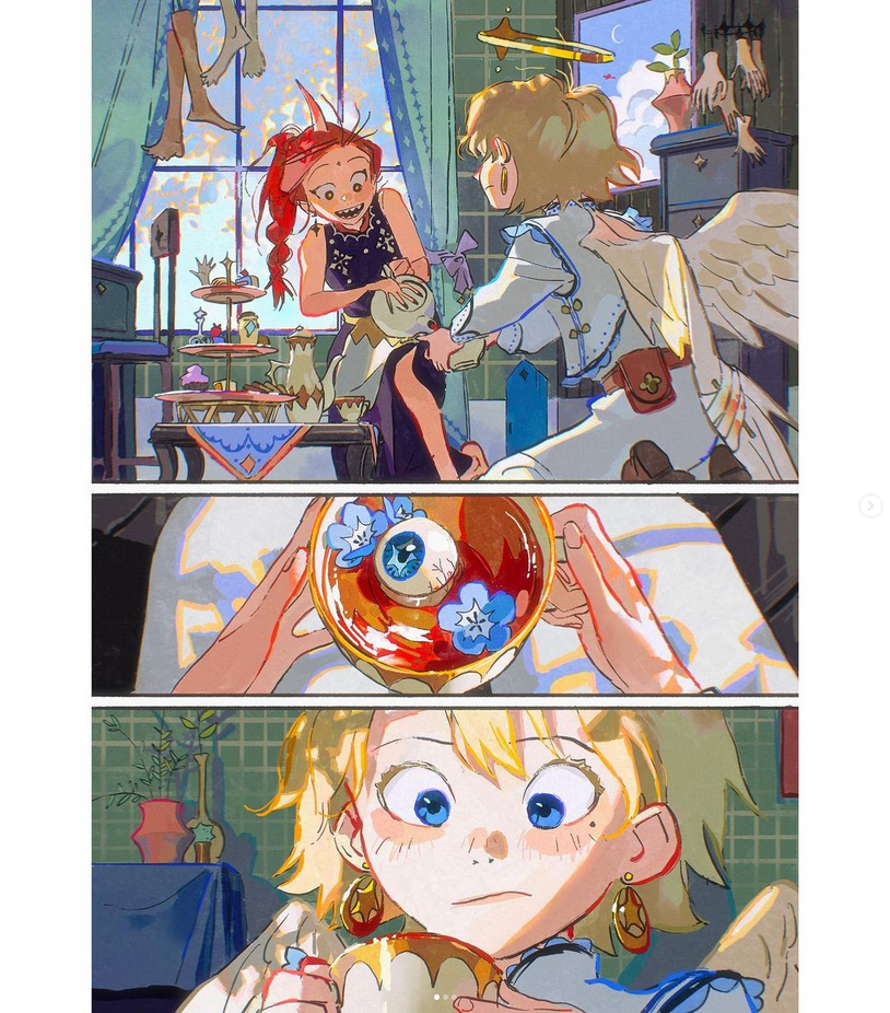 this is a digital illustration from a comic book or manga.  it features three panels. the first panel is a colorful scene of a tea party, showing a  blonde angel character and a redskinned devil character. the angel is holding a teapot and pouring tea into a teacup, while the devil watches.  in the second panel, there's a closeup of the angel's hand holding the teacup, filled with tea and a floating blue eye. the third panel shows the angel from the waist up, looking surprised as they hold a teacup. there is a large window in the background, showing a sunny day. the art style is whimsical and colorful.