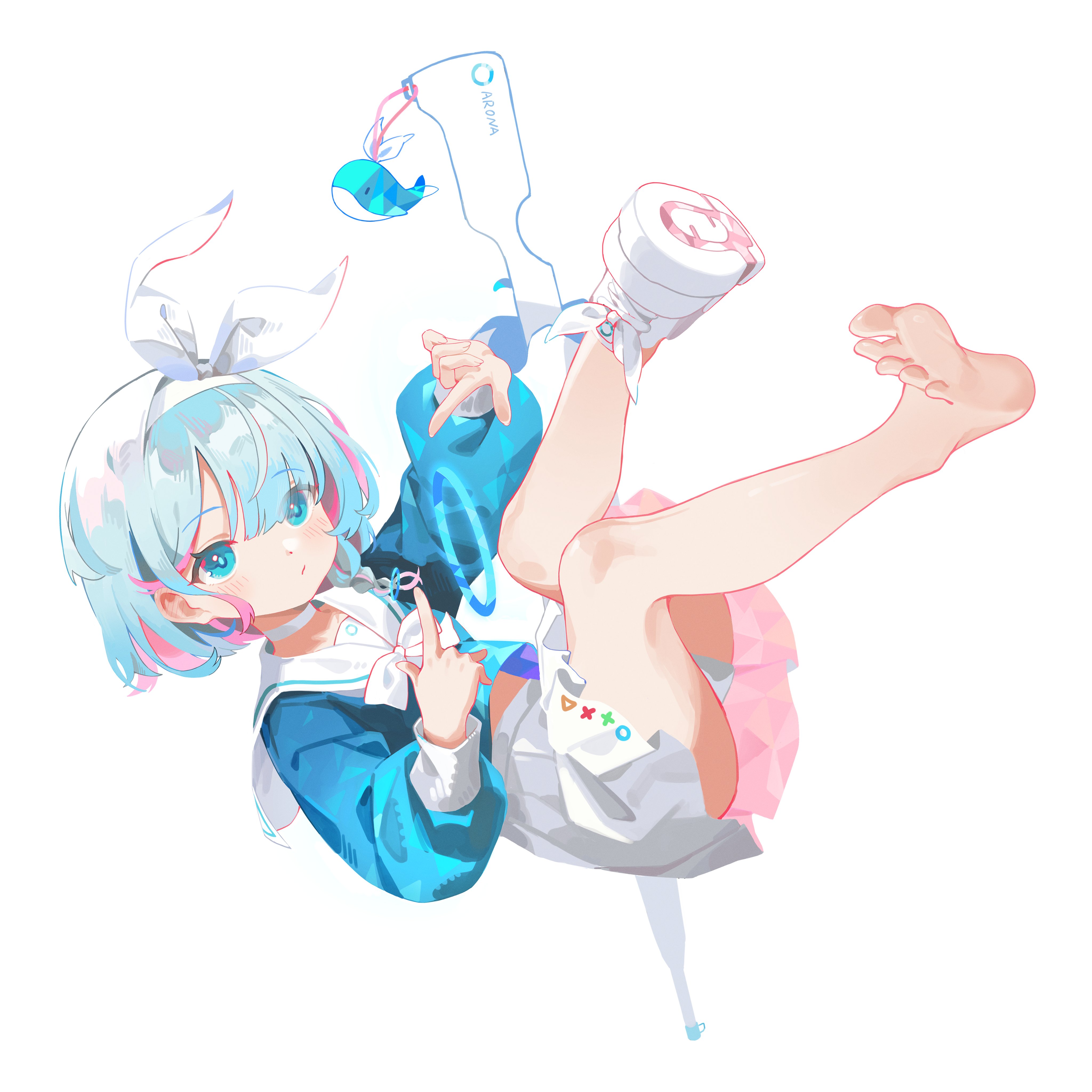 an animestyle illustration features a cute girl with light blue hair and bunny ears, wearing a blue and white sailor uniform and a short skirt. she is positioned with her legs up, barefoot, and holding a whale toy attached to an aroma diffuser. the character has pink accents in her hair and blue eyes. she is in a playful pose against a white background.