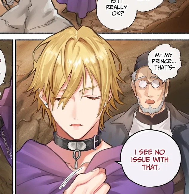 a young blond prince with purple hair and a chain collar on his neck looks down at his hands. an older man with white hair and a beard looks up at the prince with concern and says, "i see no issue with that."  there is a speech bubble above the prince's head with "mmy prince...that's" in it.  there's another speech bubble to the left of the prince's head with the word "3".