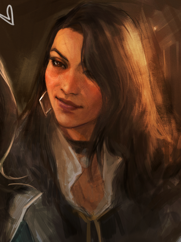 the image is a digital painting or illustration depicting a portrait of a woman. she has long, brown hair with subtle golden highlights, and ambercolored eyes. her expression is subtly smiling, giving off a sense of mystery and elegance.  she's wearing a darkcolored garment with a lightercolored shirt or blouse underneath, visible at the collar.  the background is dark and indistinct, enhancing the focus on the woman's face. the artistic style is painterly, with visible brushstrokes.  the overall atmosphere is warm and somewhat mysterious, suggestive of a character from a fantasy setting or a story.