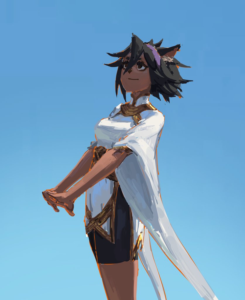 the image is a digital painting of a female anthro character with dark brown skin and short, dark hair with hints of purple.  she's wearing a loosefitting white robe with gold detailing and black shorts underneath.  the style is painterly and animeinspired, with visible brushstrokes giving it a textured feel. the character has catlike ears. she is posed looking up at a clear blue sky, conveying a peaceful or contemplative mood. the background is a simple, unblemished blue sky.