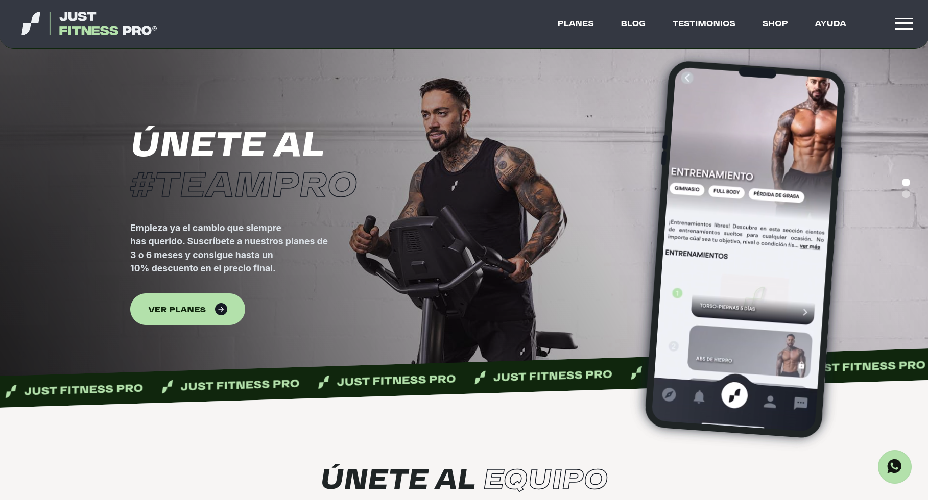 the image shows a website for a fitness app called "just fitness pro". the main call to action is "únete al #teampro" which translates to "join the team pro". this is a fitness platform that offers online training plans. the text in the image highlights that users can get a discount on the plans if they subscribe for 3, 6 or 12 months.  the website also features images of a muscular male athlete working out on a stationary bike and using the fitness app. the app interface is shown on a mobile phone. there is a call to action on the website to "see plans".