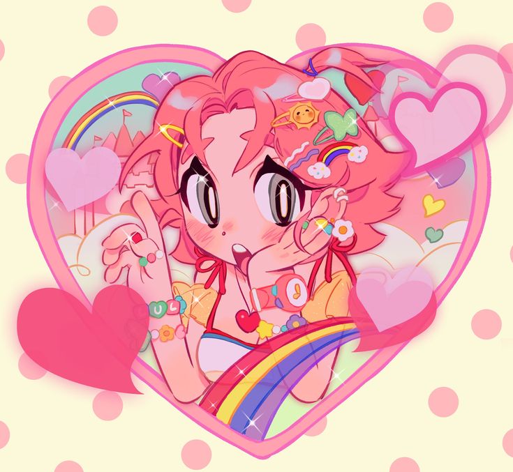 the image is a digital illustration of a cute anime girl. she has pink hair, big eyes, and is wearing a pink and yellow outfit. she is surrounded by hearts, rainbows, and other colorful objects. the girl is smiling and looks happy. the image is very colorful and sparkly. it's a kawaii style drawing, suggesting innocence, playfulness, and joy. the overall feeling is one of happiness and love.