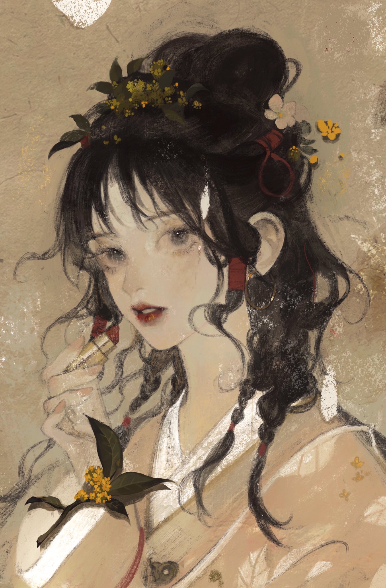 a beautiful illustration of a woman with long, dark hair adorned with flowers and a traditional asian dress. she is applying lipstick with a focused expression. the background is a soft, muted color with a delicate pattern. the artwork has a dreamy and romantic feel.