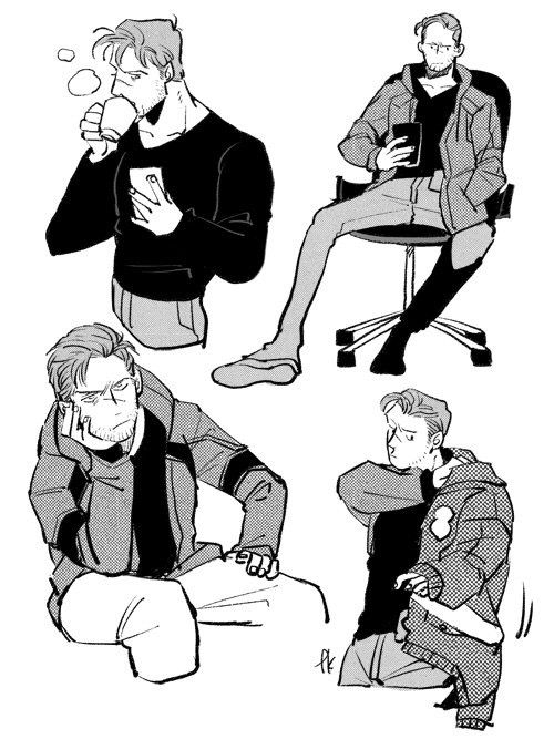 this is a black and white illustration of four men. three of the men are sitting. the man on the left is sitting on the floor and is looking down at his phone. the man in the center is sitting in a chair and looking at his phone. the man on the right is sitting on the floor and looking at his phone. the man on the top is standing and looking at the camera.