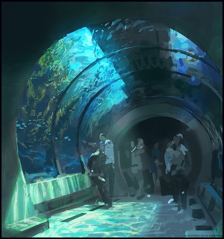 the image is a digital painting depicting a futuristic underwater tunnel or aquarium.  the tunnel is curved, with a large, transparent section revealing a vibrant underwater scene.  the water appears bioluminescent, glowing with teal and blue hues. several people are visible walking through the tunnel, observing the marine life. the overall atmosphere is dark, moody, and immersive, with strategic use of lighting to highlight the underwater spectacle and the figures within the tunnel. the style is suggestive of concept art for a science fiction setting or a hightech aquarium design.  the painting is highly stylized and emphasizes mood and atmosphere over sharp detail.