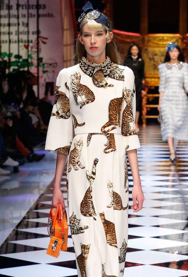 a model walks the runway at a fashion show wearing a white dress with cat prints. the dress has a jeweled collar and she is holding a small orange handbag. she is wearing a headband. the background shows other models and audience members, and the floor is checkered.