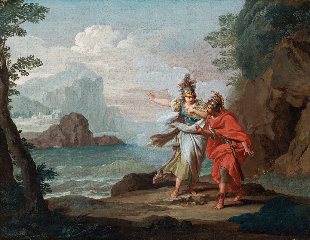 a painting depicting telemachus and mentor standing on a rocky shore, looking out towards the ocean. telemachus, clad in a red robe and helmet, is being guided by mentor, who is dressed in white and blue. the background features a coastal landscape with mountains, a town, and the sea. the scene is painted in a classical style, suggestive of a mythological or historical narrative.