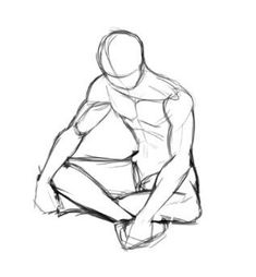 this is a black and white sketch of a muscular man sitting with his legs crossed and his head down.