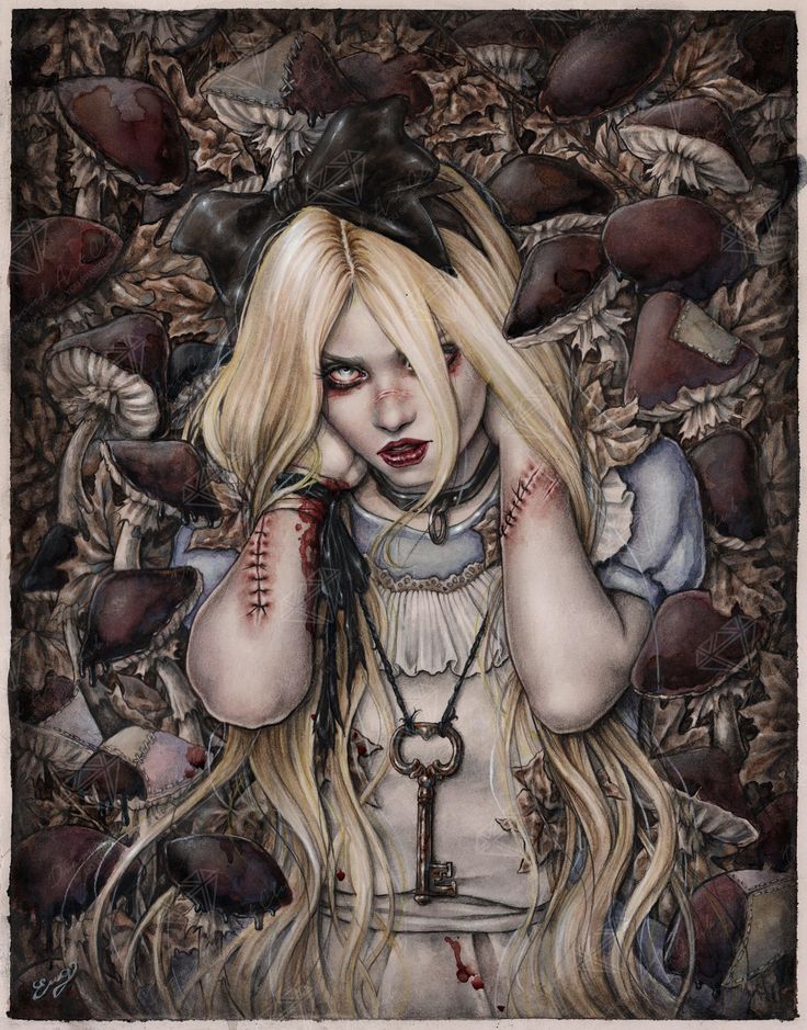 the image is a dark and gothic watercolor painting depicting a young woman, clearly inspired by alice from alice in wonderland. she has long blonde hair, pale skin, and is adorned in a tattered alicelike dress.  her wrists and hands show gruesome, stitched wounds that are bleeding slightly. she holds her hands up to her face, looking directly at the viewer with a melancholic expression. she wears a black choker necklace with a large, ornate key pendant. she is surrounded by a dense array of dark, decaying mushrooms in a shadowy forest setting. the overall aesthetic is dark, unsettling, and fantastical, hinting at a twisted, macabre reimagining of the classic fairytale. the style is reminiscent of dark fantasy illustrations, with a focus on detail and atmospheric texture.