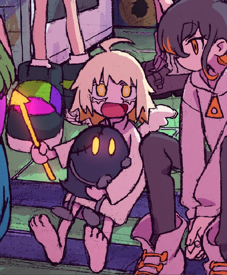 a vibrant illustration featuring a group of stylized anime characters. the focus is on a young, barefoot girl with blonde hair and angel wings. she's holding a small, darkcolored plush toy with glowing yellow eyes and a surprised expression. the girl herself has wide, startled eyes and an open mouth. she's wearing a white dress and holding a colorful, starshaped wand. she's sitting on a set of stairs amidst a crowd of other characters, only partially visible. the overall style is playful and dynamic, with bold lines and a bright color palette.