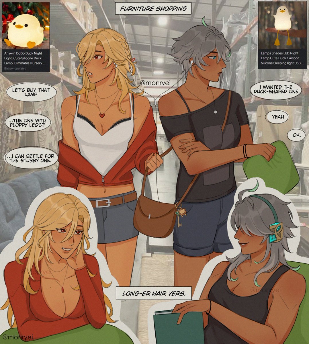 this is a cartoon illustration of two women shopping for a duck nightlight in a store. they are discussing the different options, with one wanting the duck lamp with floppy legs, and the other preferring the stumpy one. there is a longhaired version of the woman on the right side of the image, which is labeled "longer hair vers."  the illustration is set in a furniture store.